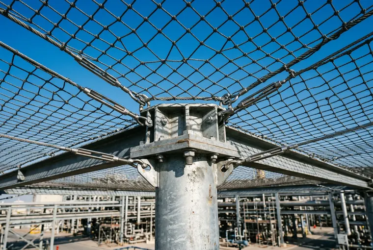 Steel column connection with tensioned cables and protective netting (concept visualization)